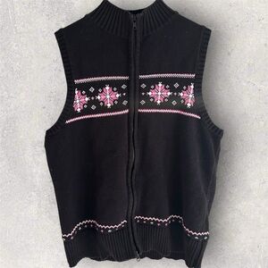 C.J. Banks Chic Black Knit Vest Pink & White Winter Pattern Cotton Women’s X